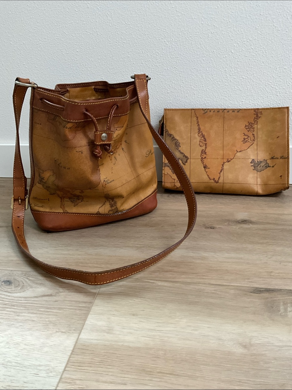 Tan Leather-Trim Bucket Bag with Map Print and Matching Pouch